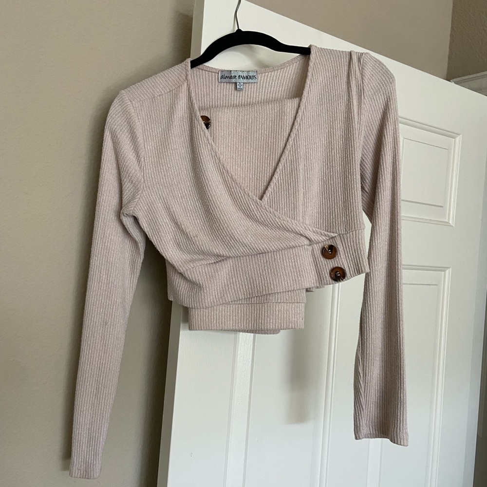 Almost Famous Cream Ribbed Wrap Top
